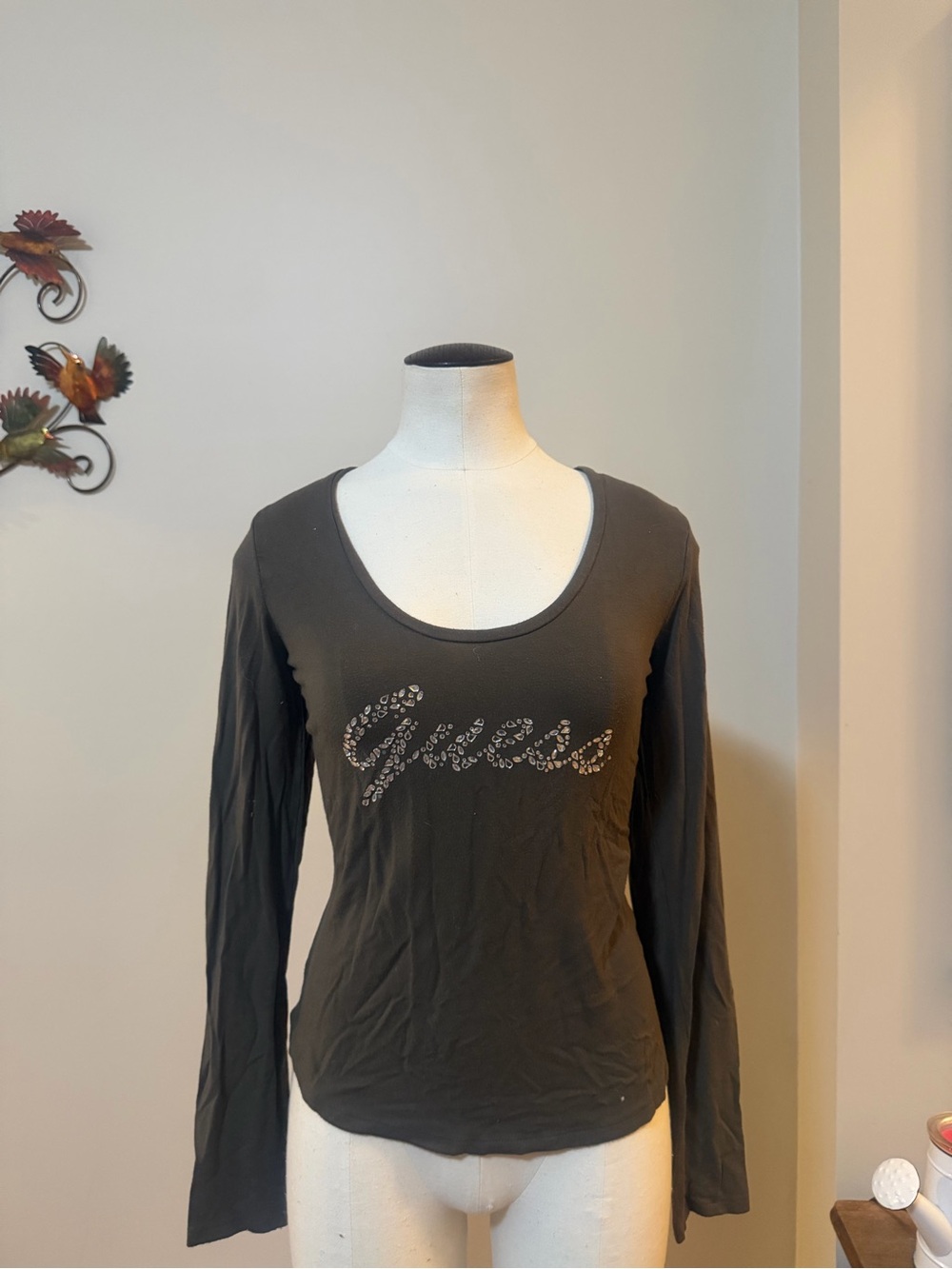 Guess Long-Sleeve Scoop Neck Top in olive green with Embellished Logo